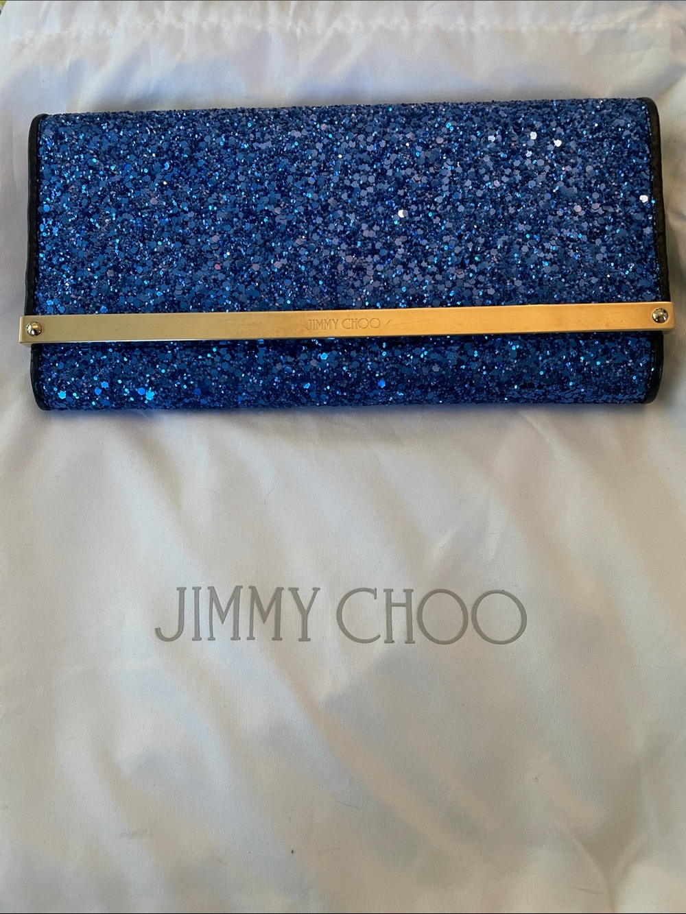 Jimmy Choo Blue Glitter Clutch with Gold Bar Accent